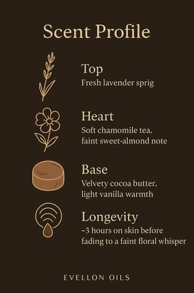 Scent chart with lavender top, chamomile heart, cocoa butter base, 3h skin longevity before fade