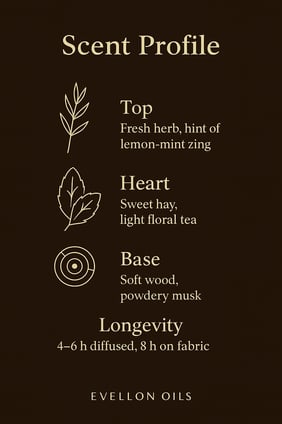 Scent chart with fresh herb top, hay heart, soft wood base, 4-6h diffusion, 8h fabric life