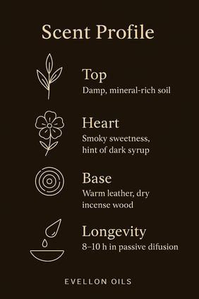 Scent chart with damp soil top, smoky heart, leather base, 8-10h passive diffusion time
