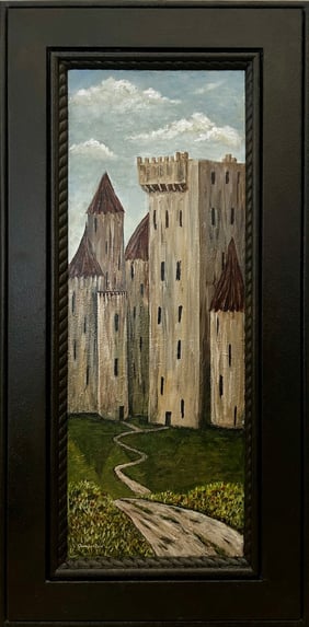 Pathway to the Castle, 2024, Acrylic on wood cabinet door, 21 x 10 inches  $245