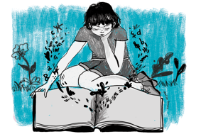 Una mujer leyendo un libro del que salen muchas cosas