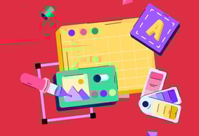 Una ilustración de dibujos animados del espacio de trabajo de un diseñador gráfico con un fondo rojo