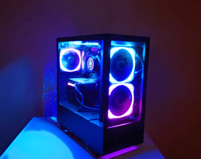 a computer case with a blue light on it