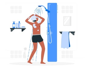 Un humain se lave avec le régulateur de douche, économisant jusqu'à 50 % d'eau