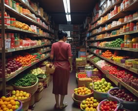 A grocery store produce section with neatly arranged vegetables and fruits. Shelves are filled with items like tomatoes, mushrooms, and colorful produce. Bright overhead lighting illuminates the area. Signs display prices and product information. People are seen walking and shopping.