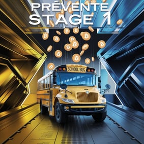 a school bus with bitcoin on it and a lot of coins falling out