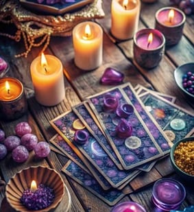 a deck deck with candles and candles for tarot reading in Toronto by psychic Gina