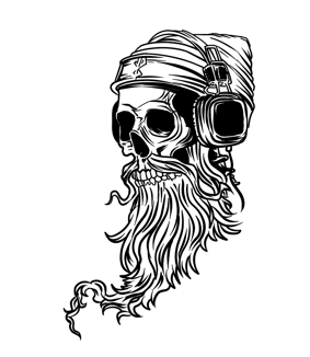 Black and white illustration, skull with headphones and beard, music artwork, rock and roll style
