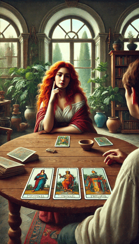 um rapaz lê as cartas de tarõ sobre a mesa para a jovem à sua frente