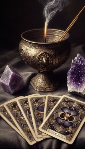 cartas de tarô dispostas em uma mesa com duas ametistas e um incensário com incenso aceso