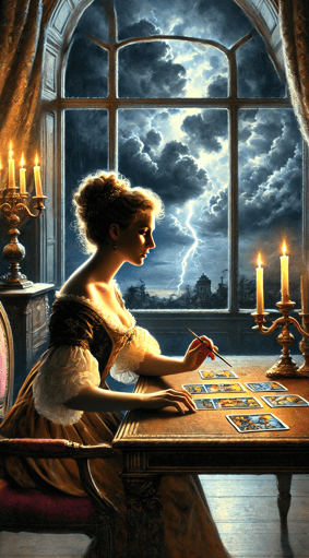 Uma mulher com trajes do século XIX estuda cartas de tarot na mesa à sua frente, à luz de velas
