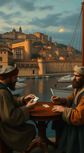 Cena antiga de dois marinheiros franceses jogando cartas no cais de uma cidade como Marselha