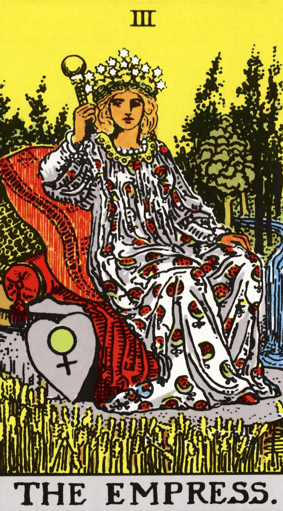 carta de tarô mostra a Imperatriz em seu trono com coroa e cetro, rodeada por vegetação