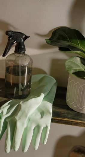 a green gloved hand held cleaning gloves and a green glove