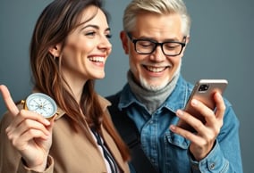 casal olhando o telefone segurando uma bussola