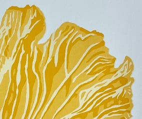 Close up of a hand-made silk screen art print of a yellow chanterelle mushroom