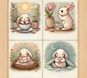four pictures of a bunny rabbit in daily routine