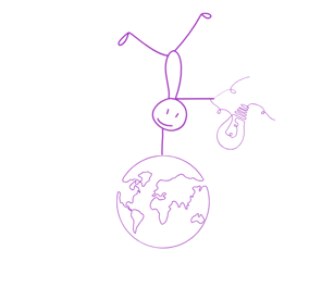 Male stick figure doing a handstand on top of earth while holding a lightbulb.