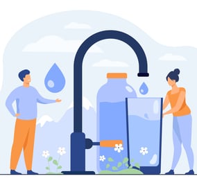 Un homme et une femme utilise un aérateur pour robinet efficace et économe en eau pour s'hydrater