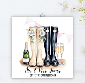 a personalised wedding wall tile of wellington boots