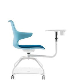 Blue Dora training chair with tablet arm, white frame, and castors, side view