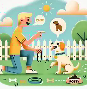 a man is playing with a dog in a yard
