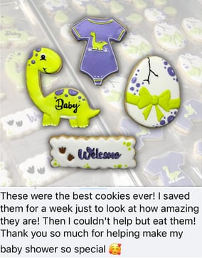 Five-star customer review praising Natalia’s handmade cookies from ChocosCookiesCakes, highlighting exceptional quality taste
