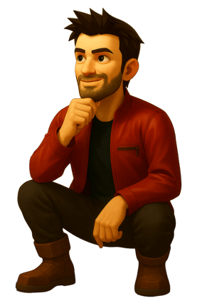 Rob Phillimore AI avatar kneeling and pondering
