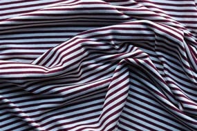 Burgundy & Ivory Mini Stripe Rayon Spandex Jersey Fabric Swatch