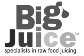 Logo of Big Juice, specialists in raw food juicing, with bold text and water droplet design.