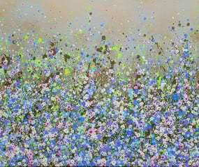 a painting of a field with flowers and a sky background