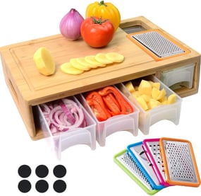 Cutting board with built-in containers for easy meal prep and kitchen organization.