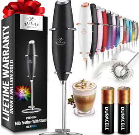 Handheld electric milk frother for creamy lattes, cappuccinos, and matcha at home.