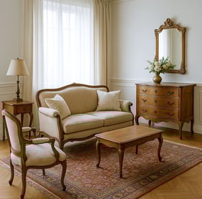 ChatGPT said: Classic living room with carved wood furniture, neutral upholstery, and vintage accents by Solo Home Decor.