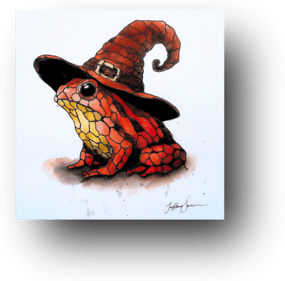 Tiffany Swensen watercolor painting Crimson Enchantment wizard toad stained glass