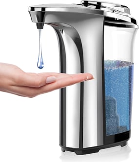 Touchless soap dispenser for kitchen hygiene, keeps hands clean while cooking.