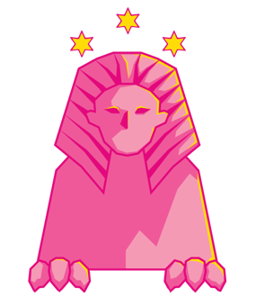 A stylised drawing of a pink Egyptian Sphinx with three gold stars above its head 