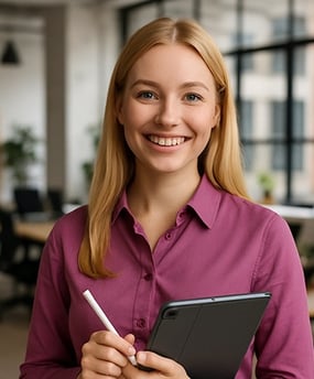 Smiling professional woman holding a tablet, representing customer success and data expertise