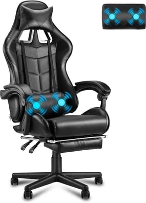 Soontrans Silla Gaming con Masajeador, Reposapiés y Reposacabeza, color negro