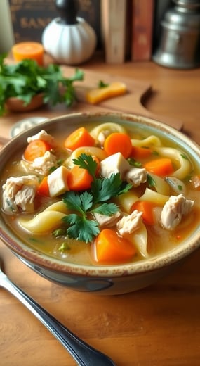 a bowl of soup with chicken and noodles