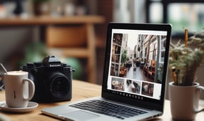 a laptop computer sitting on a table with a camera and a cup of coffee