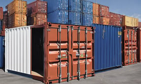 blue red and yellow intermodal containers