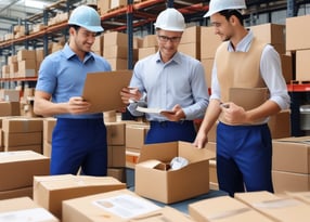 A stack of brown cardboard boxes with intricate black designs on their sides is placed on a surface. A large sheet with detailed black and white drawings is visible to the side. The boxes appear to be packaging or delivery items featuring creative illustrations.
