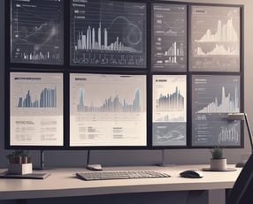 An abstract, pastel-colored, 3D-rendered representation of data analysis and search engine optimization (SEO). The image features a computer interface with various analytics symbols, including a magnifying glass, bar charts, pie charts, and a search bar with the text 'SEO'. Surrounding the interface are different objects such as a potted plant, a cup with a saucer, and a megaphone, all placed on a light green background.