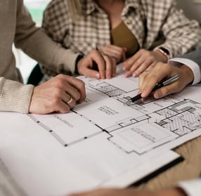 3D remodeling plan showing architectural blueprints and floor layout created during project consulta