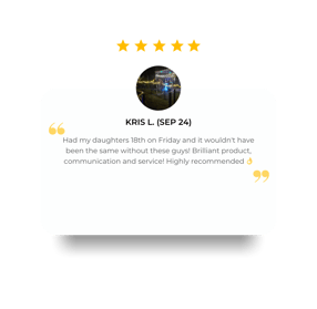 5 Star review from Kris, thinks the glow bar and cocktail tables are a brilliant product, Redlands.
