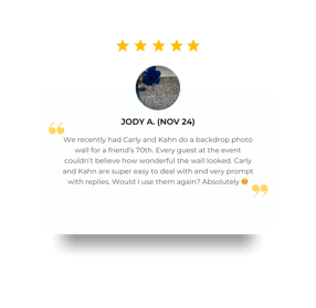 5 star review from Jody for a Silver Shimmer Wall for Bev's 70th Birthday in Brisbane.
