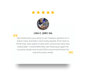 5 star review from Lisa for a circle mesh backdrop Twenty One neon and balloon garland in Victoria Point.
