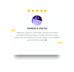 5 star review from Therese for the Glow Furniture setup, transformed the whole house to a bar/nightclub, Redlands.