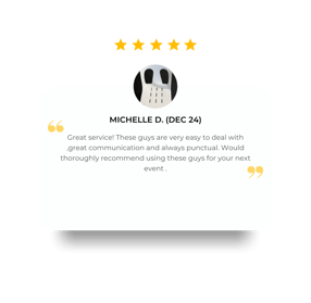 5 star review for SweetAz Co. always being punctual, great communication when hiring chairs and tables, Redlands.